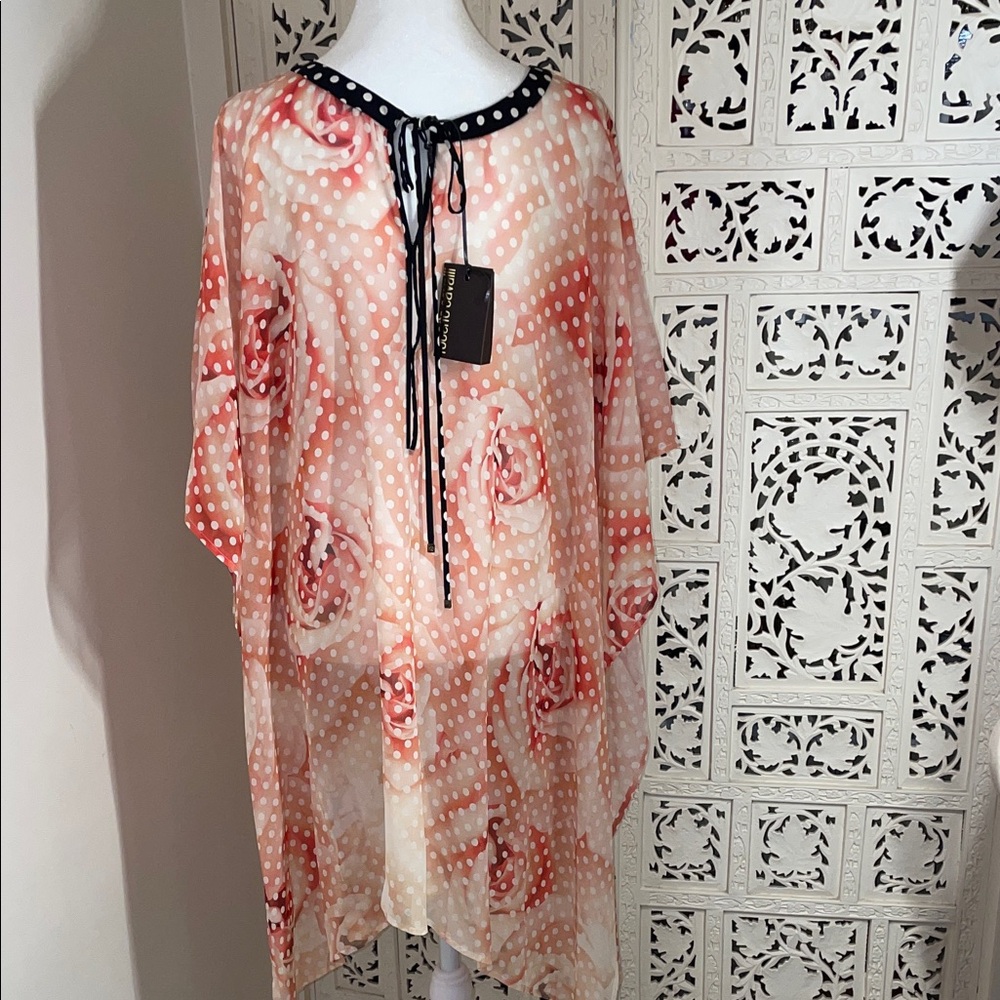 Roberto Cavalli silk Peach Polka Dot ,and rose print Sheer Tunic with Black Trim - Picture 7 of 10